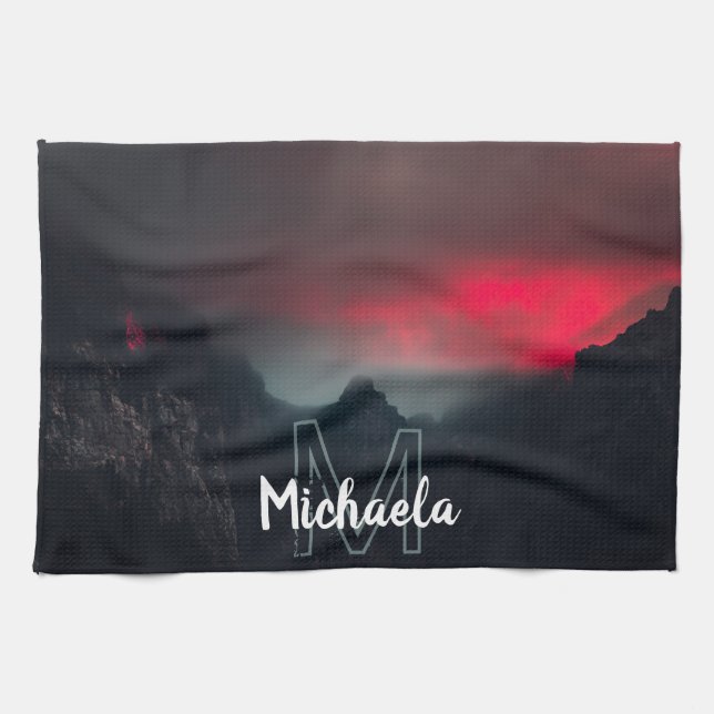 Burning clouds, fog and mountains monogram kitchen towel (Horizontal)