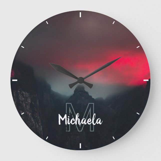 Burning clouds, fog and mountains monogram large clock (Front)