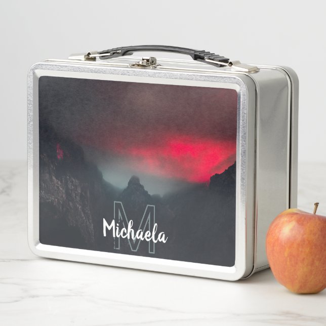 Burning clouds, fog and mountains monogram metal lunch box (In Situ)