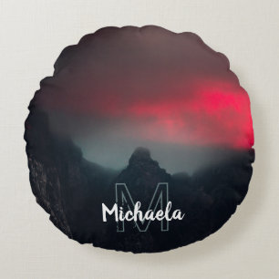 Burning clouds, fog and mountains monogram round pillow