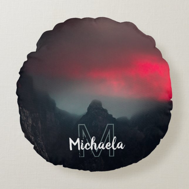 Burning clouds, fog and mountains monogram round pillow (Front)