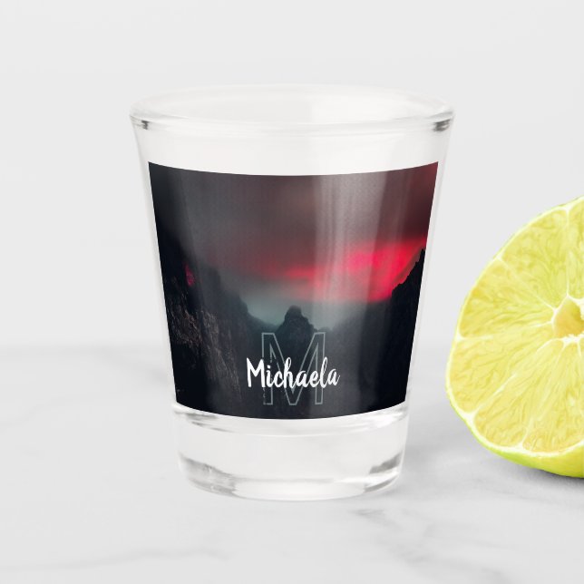 Burning clouds, fog and mountains monogram shot glass (Front)