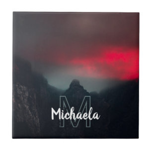 Burning clouds, fog and mountains monogram tile