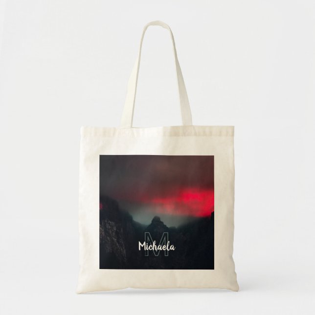 Burning clouds, fog and mountains monogram tote bag (Front)