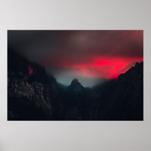 Burning clouds, fog and mountains poster