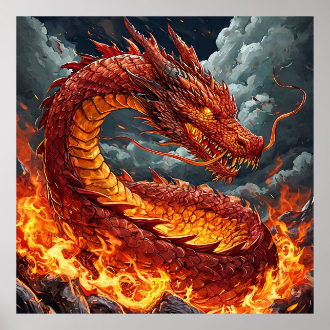 Burning Dragon Wall Art | Fantasy Fire Creature (Front)