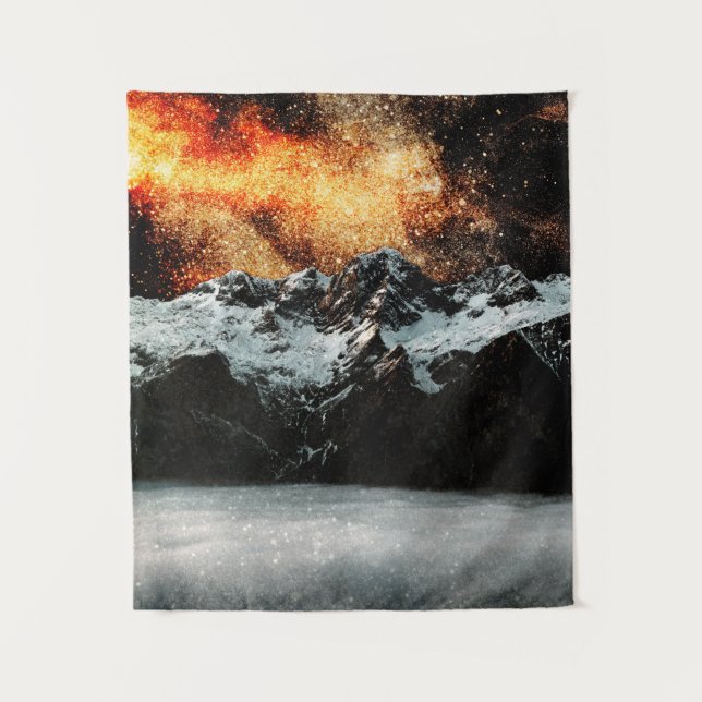 Burning galaxy above majestic mountains tapestry (Front)