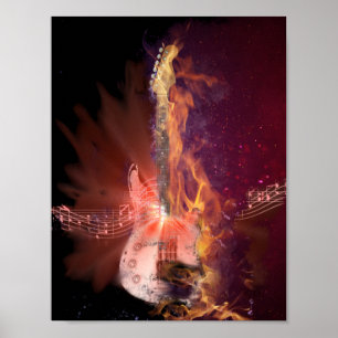 Burning Guitar and Musical Notes Picture Poster