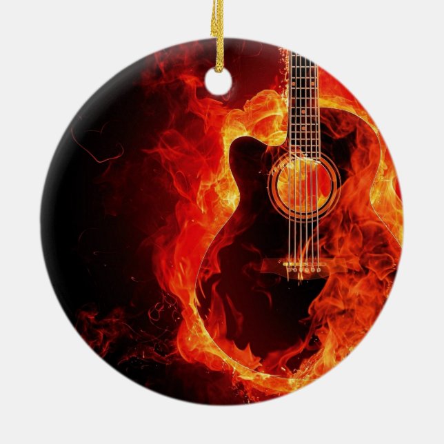 Burning Guitar, Orange Flames Music Rock Band Ceramic Ornament (Back)
