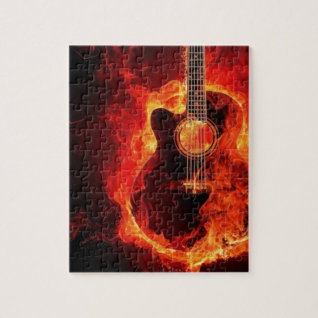 Burning Guitar, Orange Flames Music Rock Band Jigsaw Puzzle (Vertical)