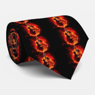 Burning Guitar, Orange Flames Music Rock Band Tie