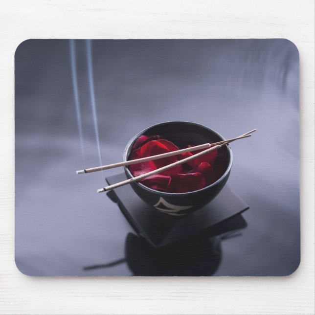Burning incense on top of bowl of petals mouse pad (Front)