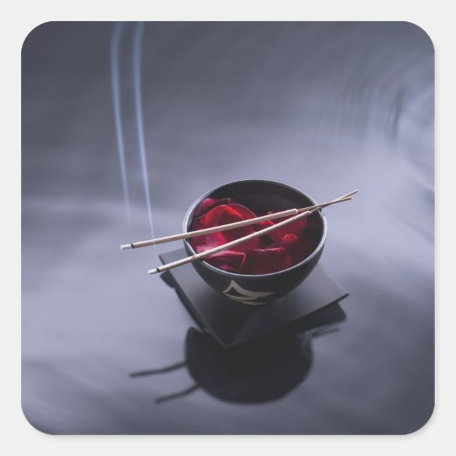 Burning incense on top of bowl of petals square sticker (Front)