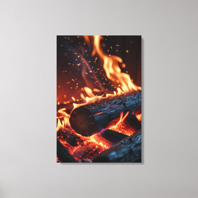 Burning Logs – Glowing Fire and Sparks Canvas Print (Front)