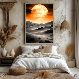 Burning Moon Over Desert Dunes – Monochrome  Poster