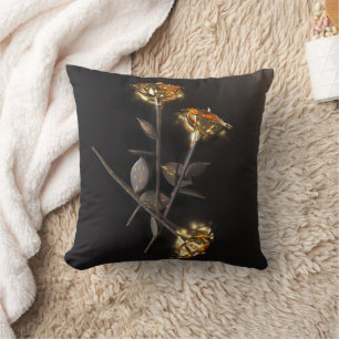 Burning Roses – Golden Elegance Throw Pillow