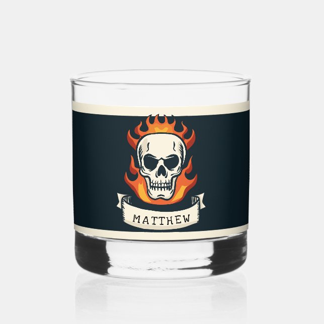 Burning skull personalized with name whiskey glass (Front)