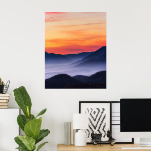 Burning sunset and fog in valley poster