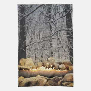 Burning Yule Log in a Snowy Forest Kitchen Towel
