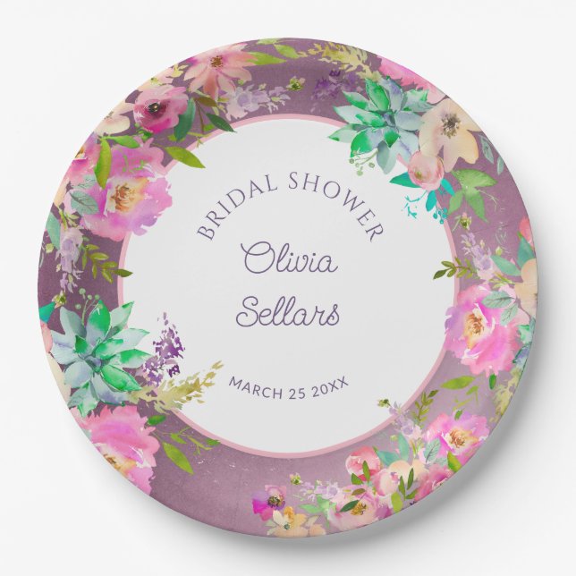 Burnished Lavender English Garden Bridal Shower Paper Plate (Front)