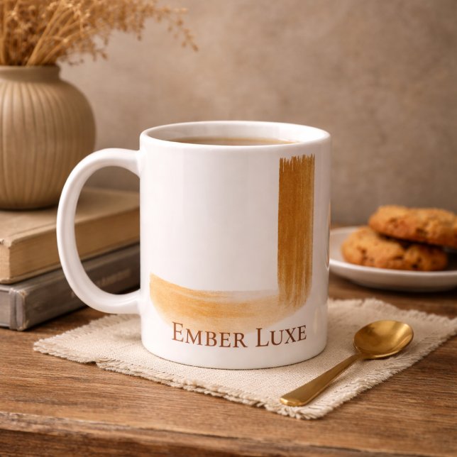 Burnished Luxe Brushed Gold Stripe Ceramic Mug (A white base with gold accents adds a refined note to quiet moments and daily rituals.)