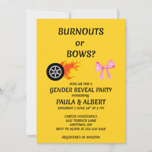 Burnouts or Bows Gender Reveal Party Invitation