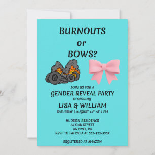 Burnouts or Bows Gender Reveal Party Invitation