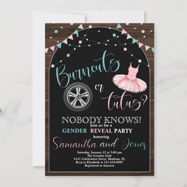 Burnouts or Tutus Gender Reveal Party Invitation (Front)