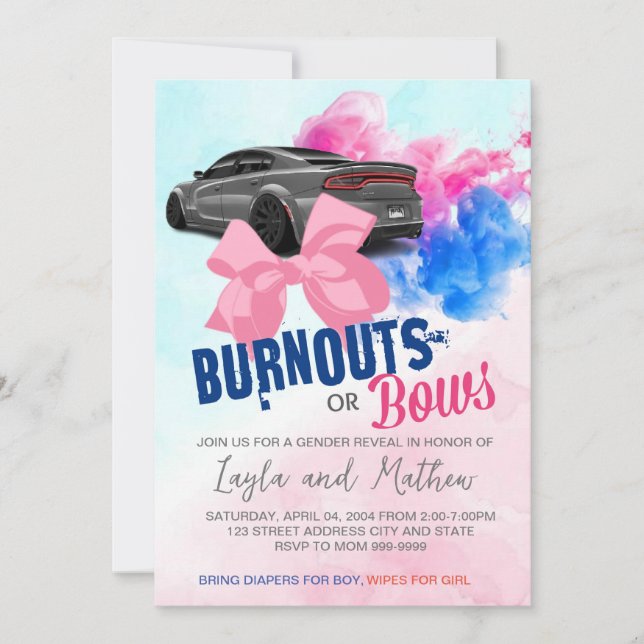 Burnouts ou Bows Genre Révéler Invitation (Devant)