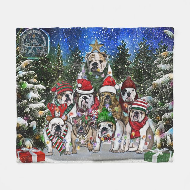 Burns Bunch Christmas English Bulldog Tree Fleece Blanket (Front (Horizontal))