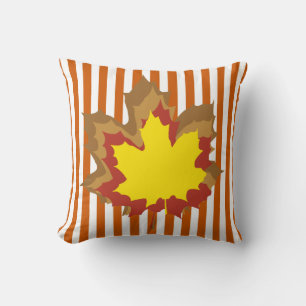 Burnt Autumnal Stripes with Leaves Throw Pillow