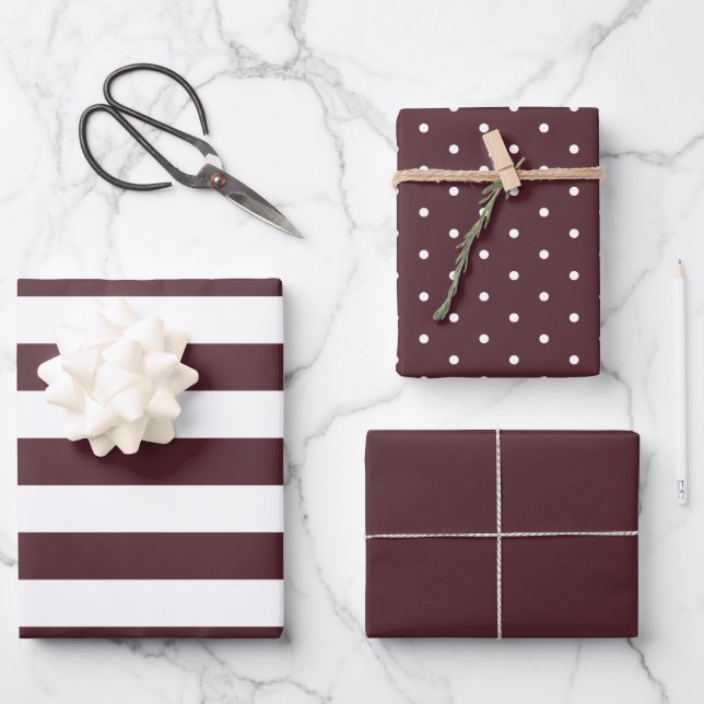 Burnt Burgundy Polka Dot Wide Striped and Solid Wrapping Paper Sheet (Front)