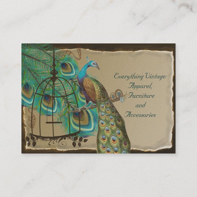 Burnt Edges Vintage Peacock Feathers Birdcage Business Card (Back)