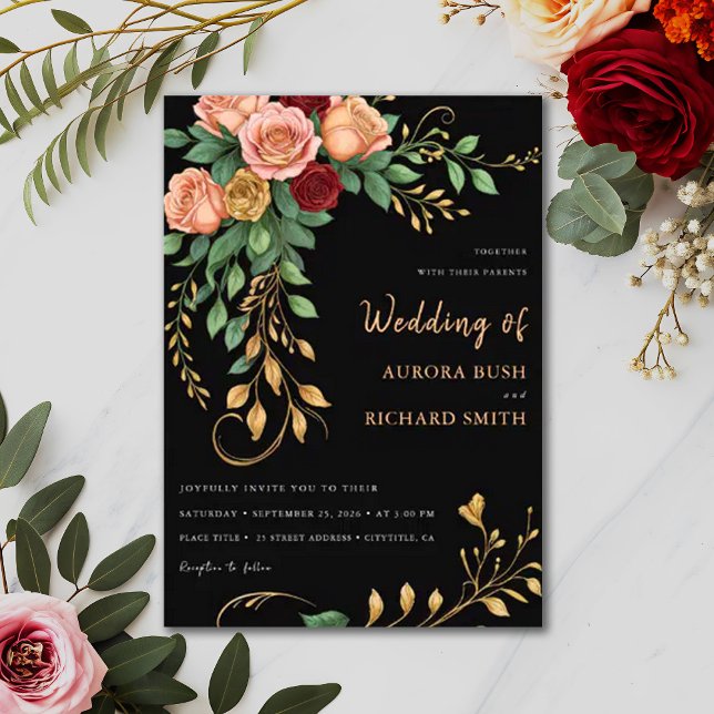 Burnt Gold Black Boho Floral Fall Rustic Wedding Invitation (Creator Uploaded)
