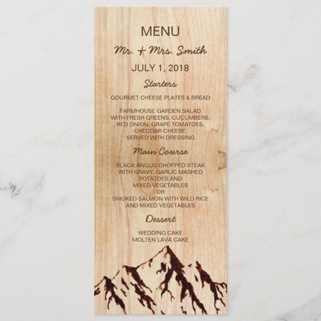 Burnt Mountain en bois Rustic Menu Mariage (Devant)