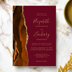 Burnt Orange Agate Burgundy Gold Wedding Invitation