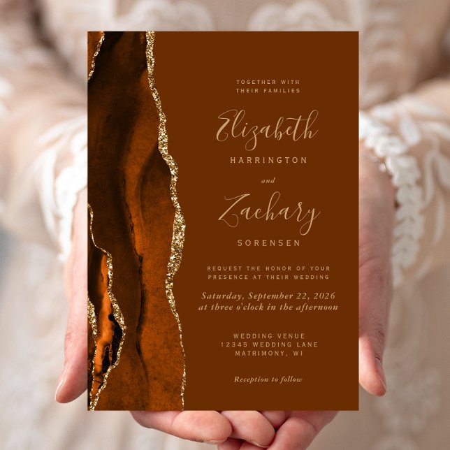 Burnt Orange Agate Gold Brown Wedding Invitation (Creator Uploaded)