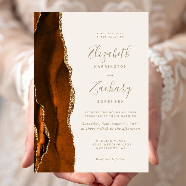 Burnt Orange Agate Gold Ivory Wedding Invitation (Creator Uploaded)