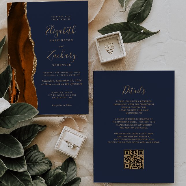 Burnt Orange Agate Gold Navy Blue QR Code Wedding Invitation (Creator Uploaded)