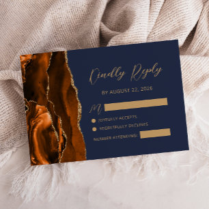 Burnt Orange Agate Gold Script Navy Blue Wedding RSVP Card