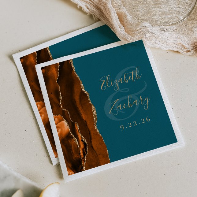 Burnt Orange Agate Gold Teal Wedding Napkin (Creator Uploaded)
