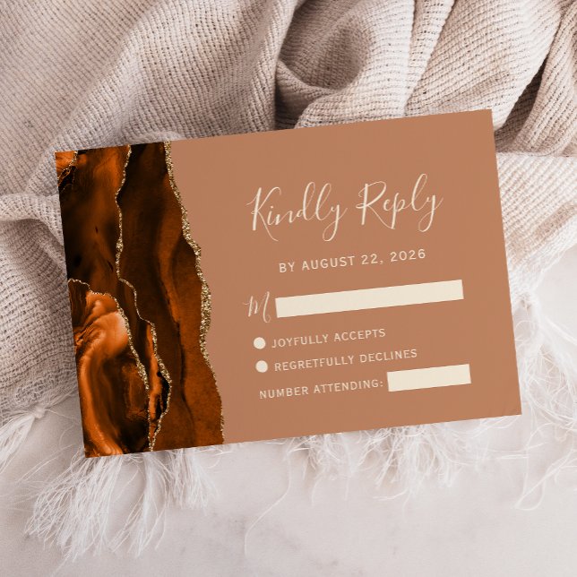 Burnt Orange Agate Gold Terracotta Wedding RSVP Card (Creator Uploaded)