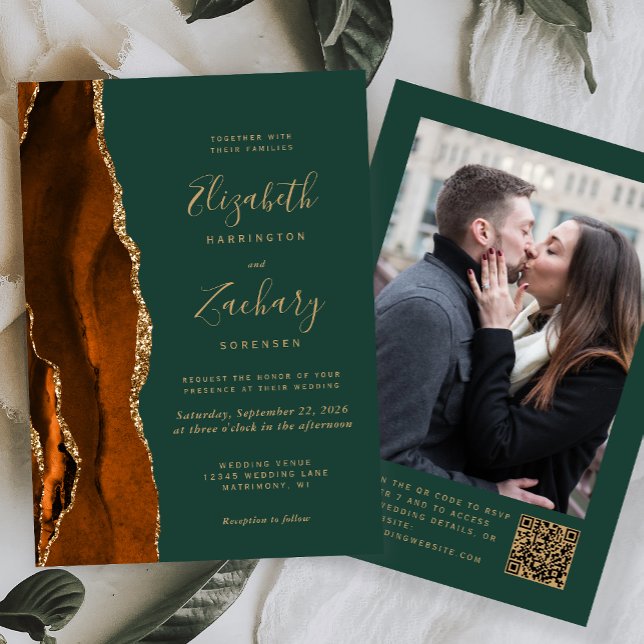 Burnt Orange Agate Green Photo QR Code Wedding Invitation (Creator Uploaded)