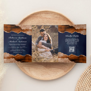 Burnt Orange Agate Marble Navy QR Code Wedding Tri-Fold Invitation