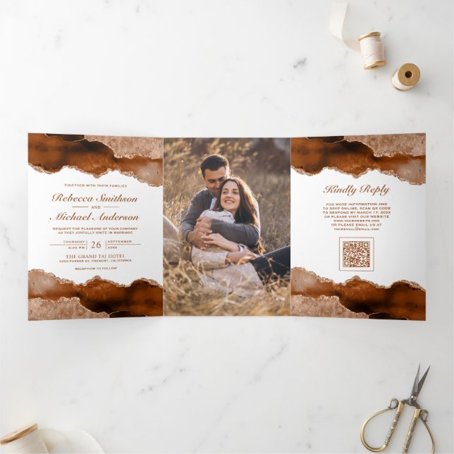 Burnt Orange Agate Marble Photo QR Code Wedding Tri-Fold Invitation (Inside)