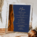 Burnt Orange Agate Navy Blue Wedding Table Menu Poster<br><div class="desc">The left-hand edge of this elegant modern wedding menu sign features a burnt orange watercolor agate border trimmed with faux gold glitter. The word "Menu" appears in gold-coloured handwriting script on a navy blue background. Personalize the remaining text with the names of the couple, the wedding date, and the menu...</div>