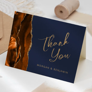 Burnt Orange Agate Navy Blue Wedding Thank You Card