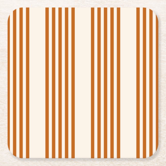 Burnt orange and beige five stripe pattern square paper coaster (Front)
