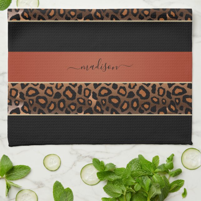 Burnt Orange and Black Leopard Animal Print Kitchen Towel (Folded)