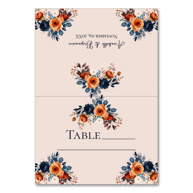 Burnt Orange and Blue Blank Wedding Escort  Table Number (Front)